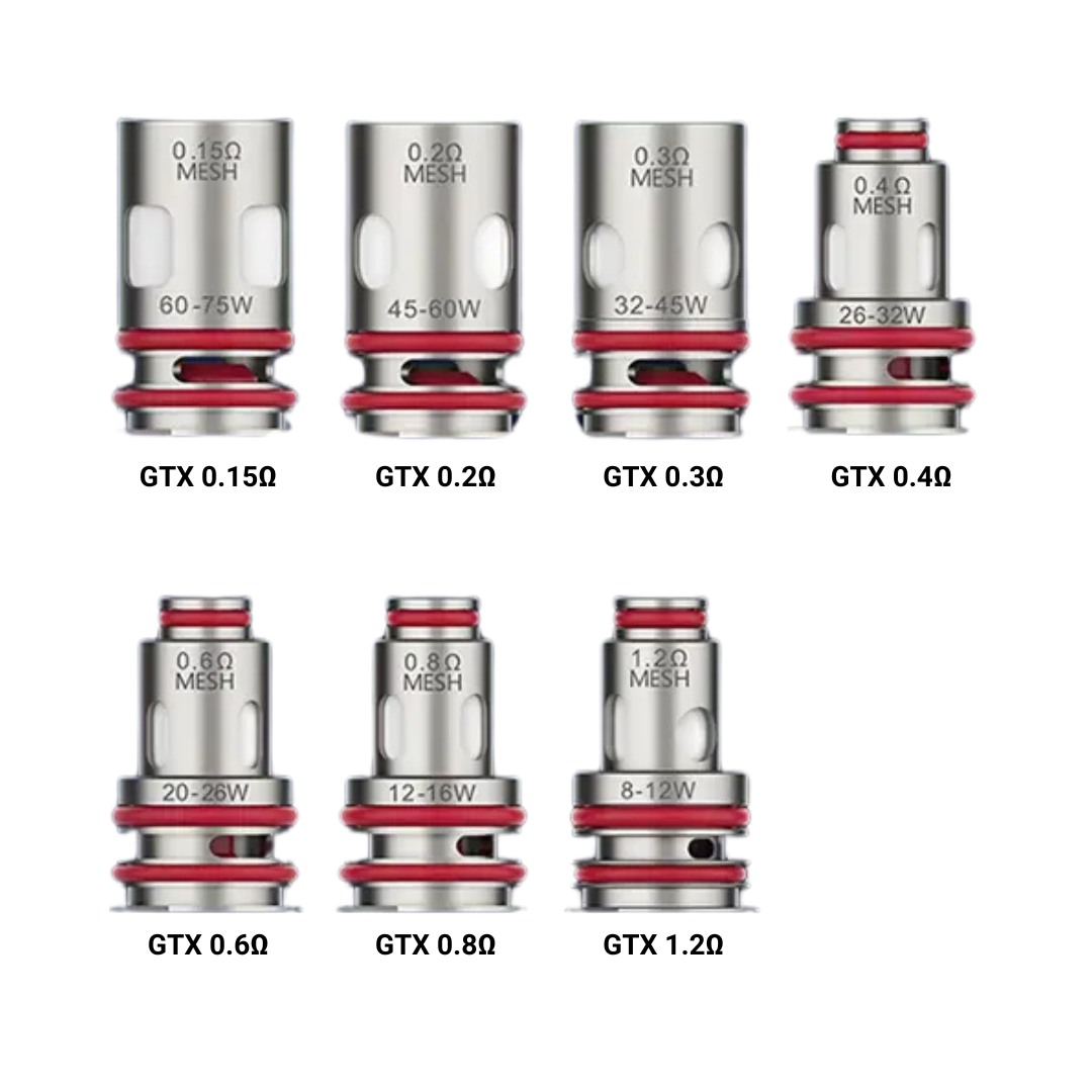 Vaporesso GTX Replacement Coils, 5-pack. Range of resistances (0.15-1.2 ohm) for both DTL and MTL vaping styles. Compatible with Vaporesso XR Max Kit and GTX Tank.