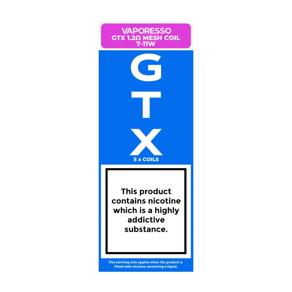 Vaporesso GTX Coils: 5-pack, 1.2ohm Mesh Coil 7-11W (Best: 11w), MTL vaping. Works with 50/50 e-liquids, nic salts, shortfills. Compatible with Vaporesso XR Max Kit & GTX Tank.
