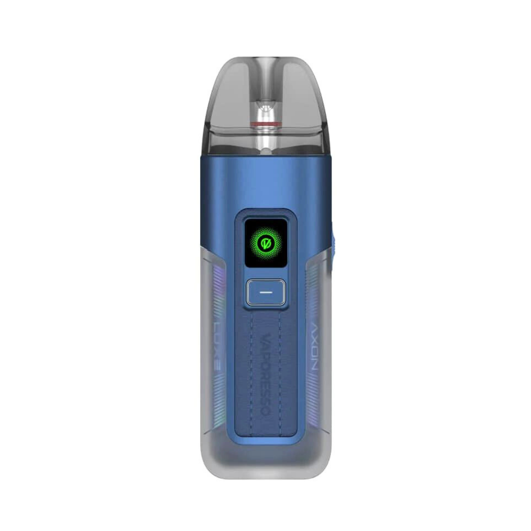 Navy Blue Vaporesso Luxe X2 Vape Kit emitting green light, sleek design