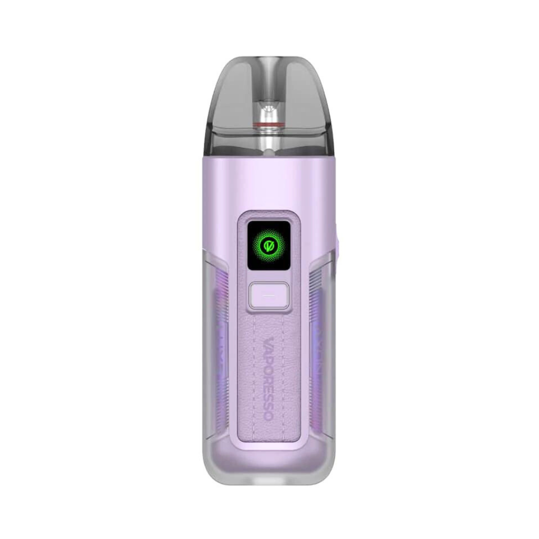 Light Purple Vaporesso Luxe X2 Vape Kit emitting green light, sleek design