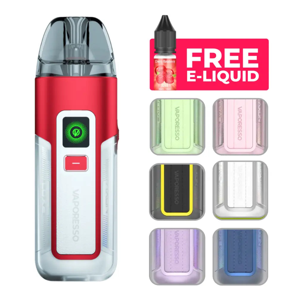 Vaporesso Luxe X2 Vape Kit in green with free e-liquid, featuring red, blue, and white colour choices for the vaporizer