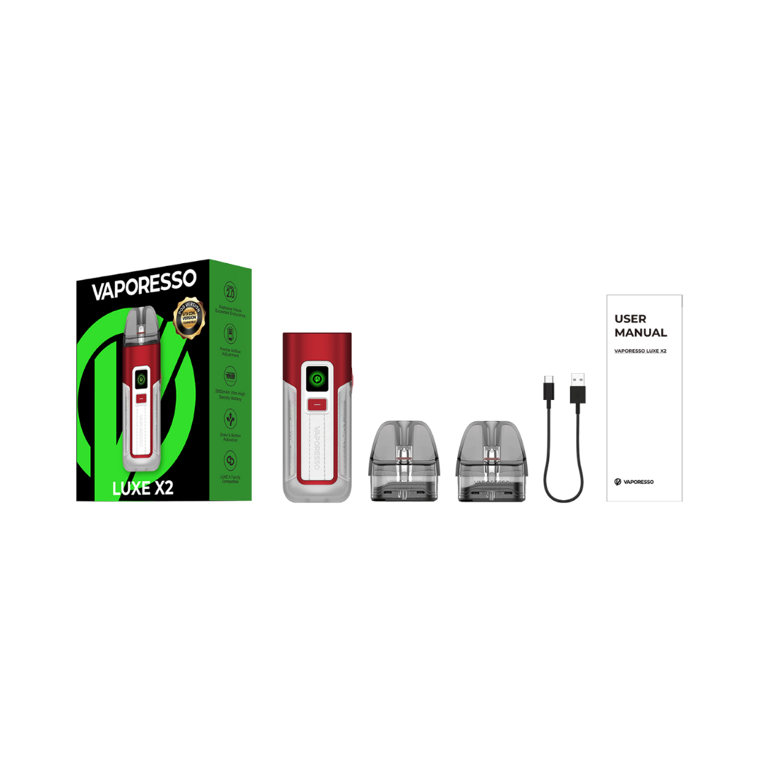 Vaporesso Luxe X2 Vape Kit box with red and white design, includes refillable pods and USB-C cable