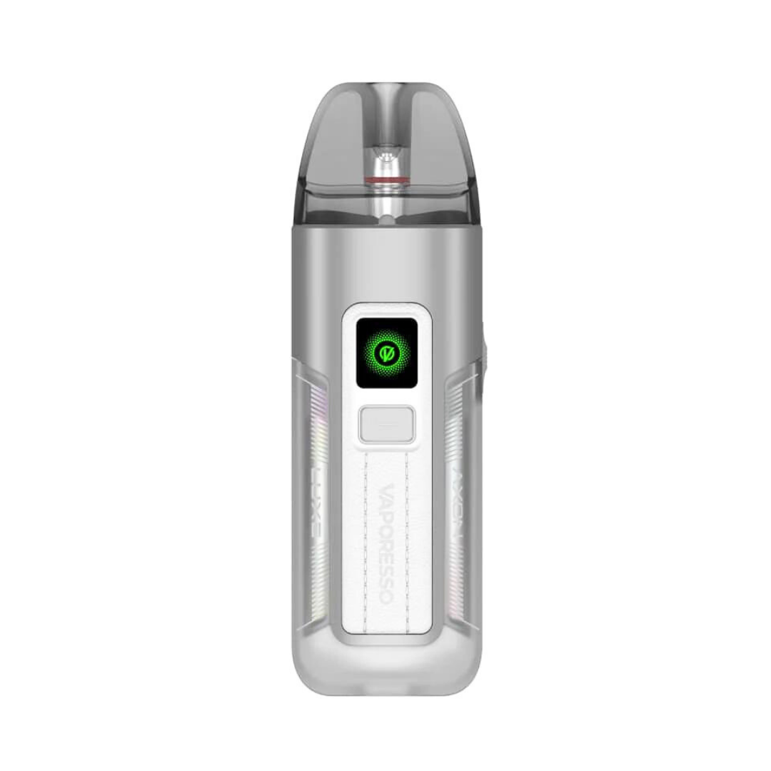 White Silver Vaporesso Luxe X2 Vape Kit emitting green light, sleek design