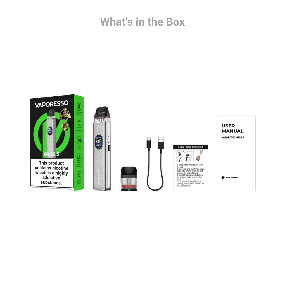 Vaporesso Xros 5 Kit Mtl Pod System What's in the Box - Smokz Vape Store.
