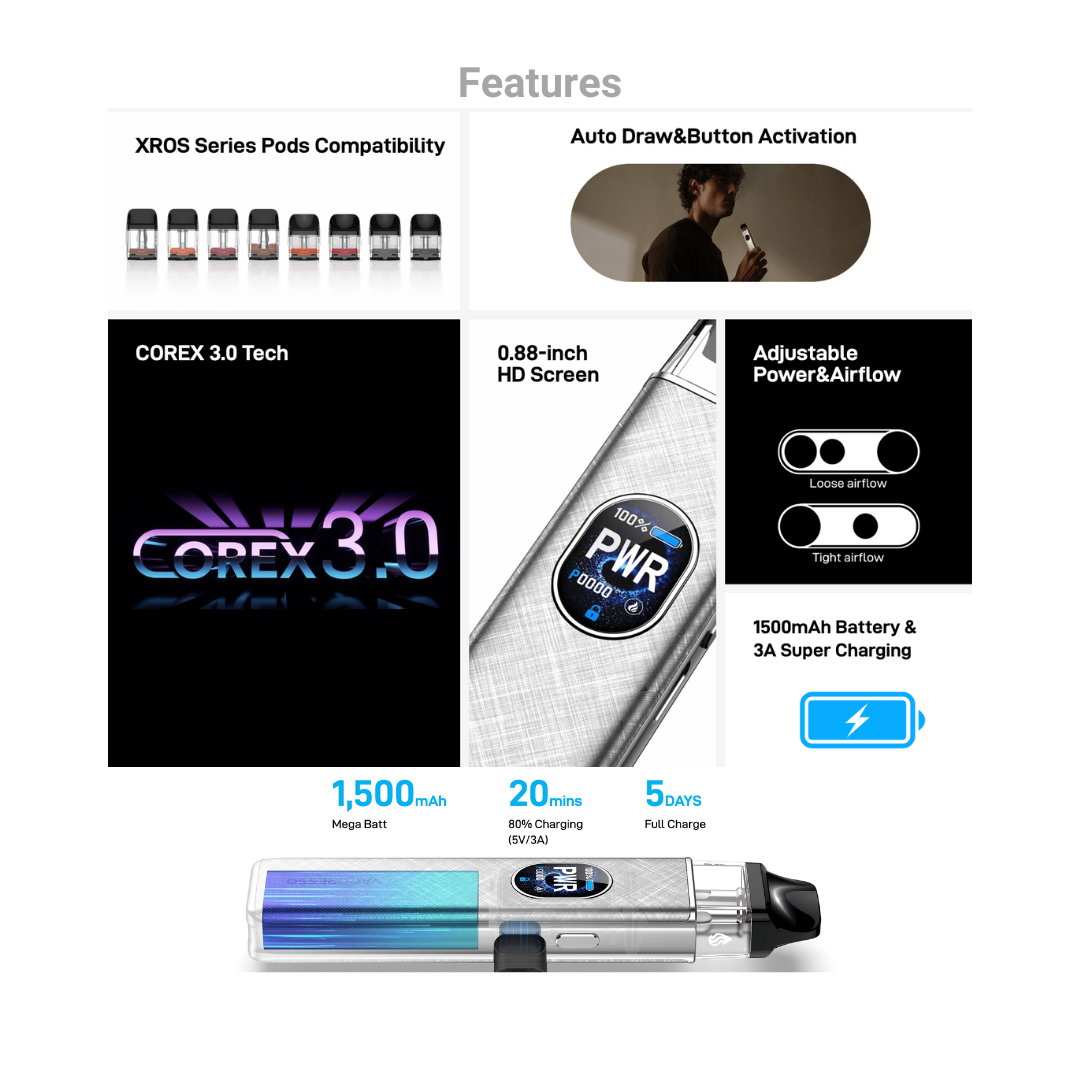 Vaporesso Xros 5 Kit Mtl Pod System Features - Smokz Vape Store.