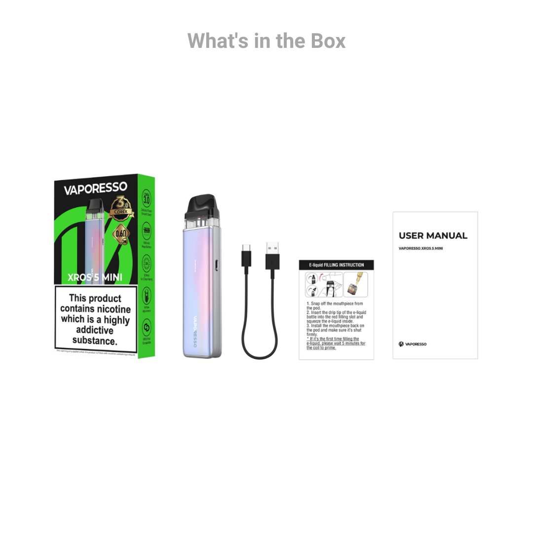 Vaporesso XROS 5 Mini Vape Pod Kit What’s In The Box.
