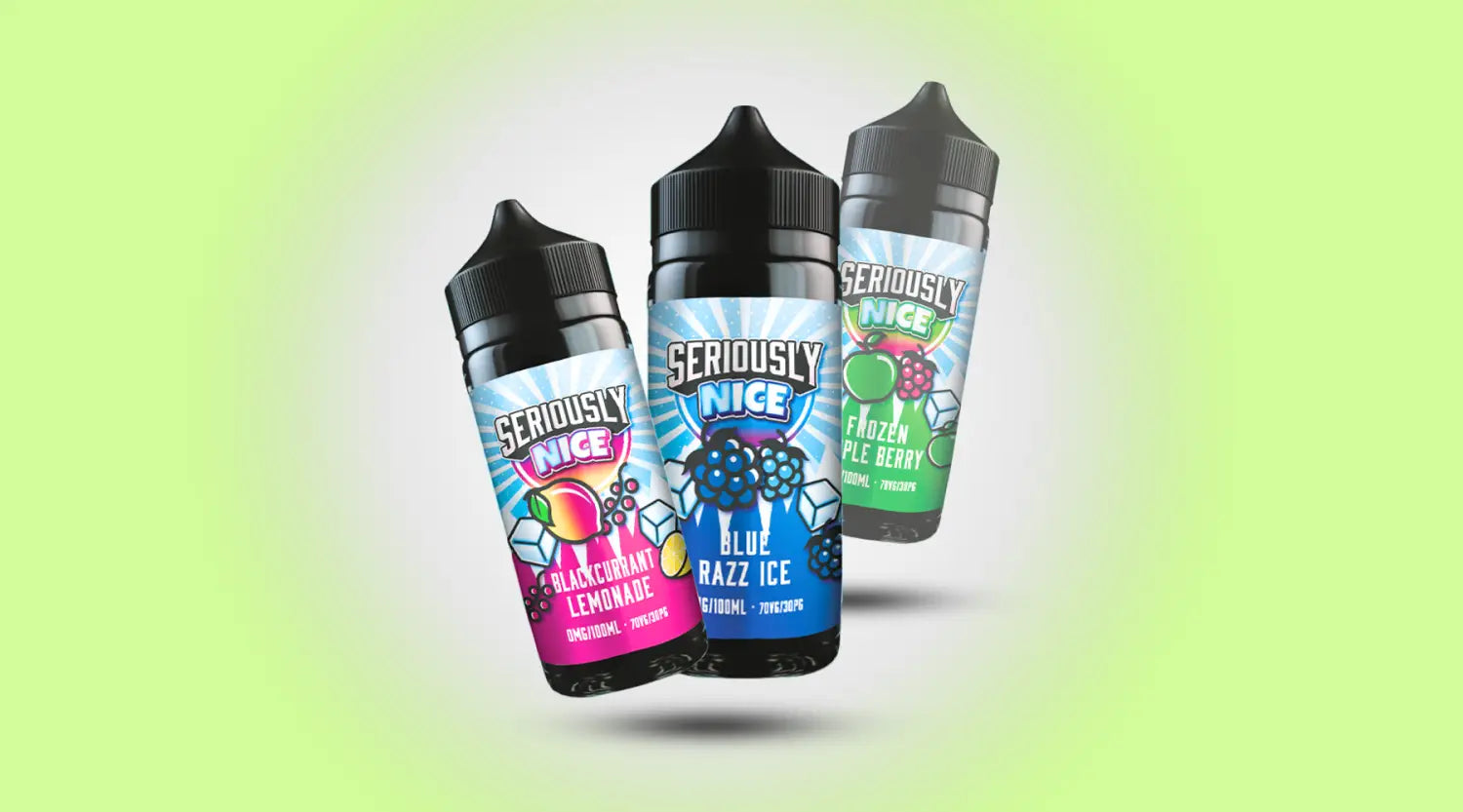 Vibrant green background showcasing three Doozy Vape High Vg E-Liquid bottles.