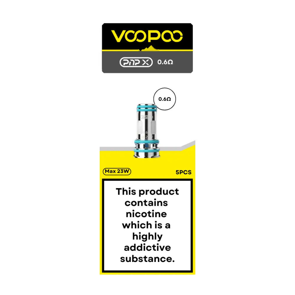 Voopoo PnP X Coils 0.6 ohm MTL and RDL, 18-23W, 50-60% VG, offered in 5 pack at Smokz Vape Store.