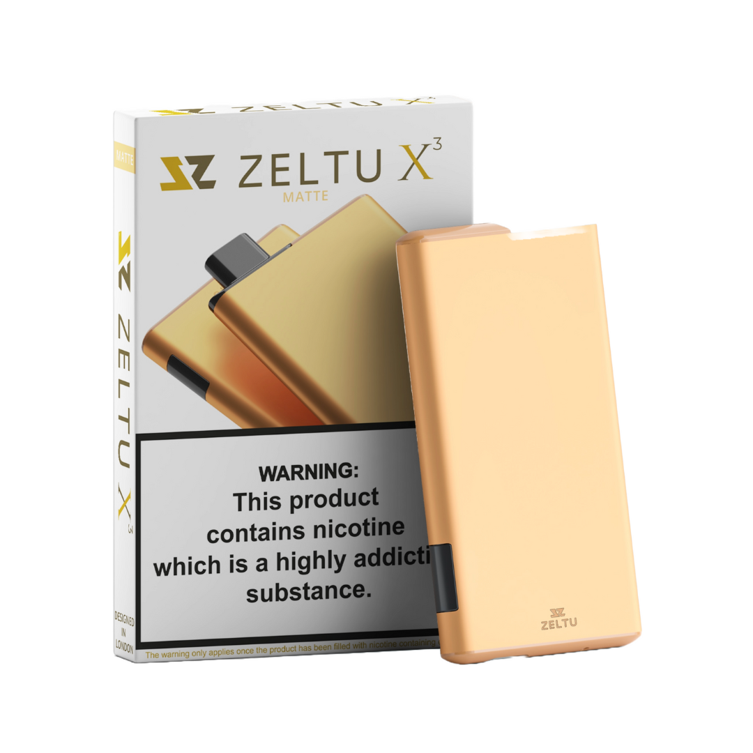 Zeltu X3 Pod Vape Kit in gold, including box contents: device, pod, and user manual for a complete vaping experience.