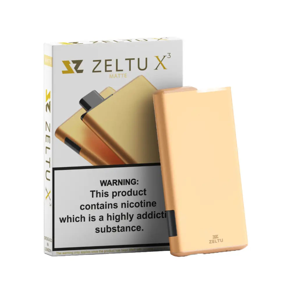Zeltu X3 Pod Vape Kit in gold, including box contents: device, pod, and user manual for a complete vaping experience.