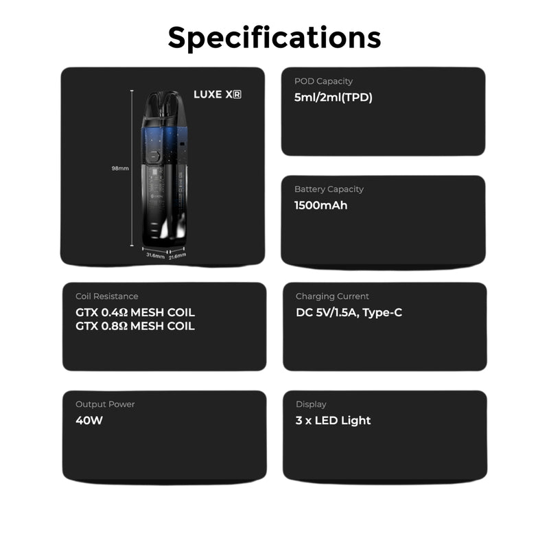 Vaporesso Luxe XR Vape Kit Specifications